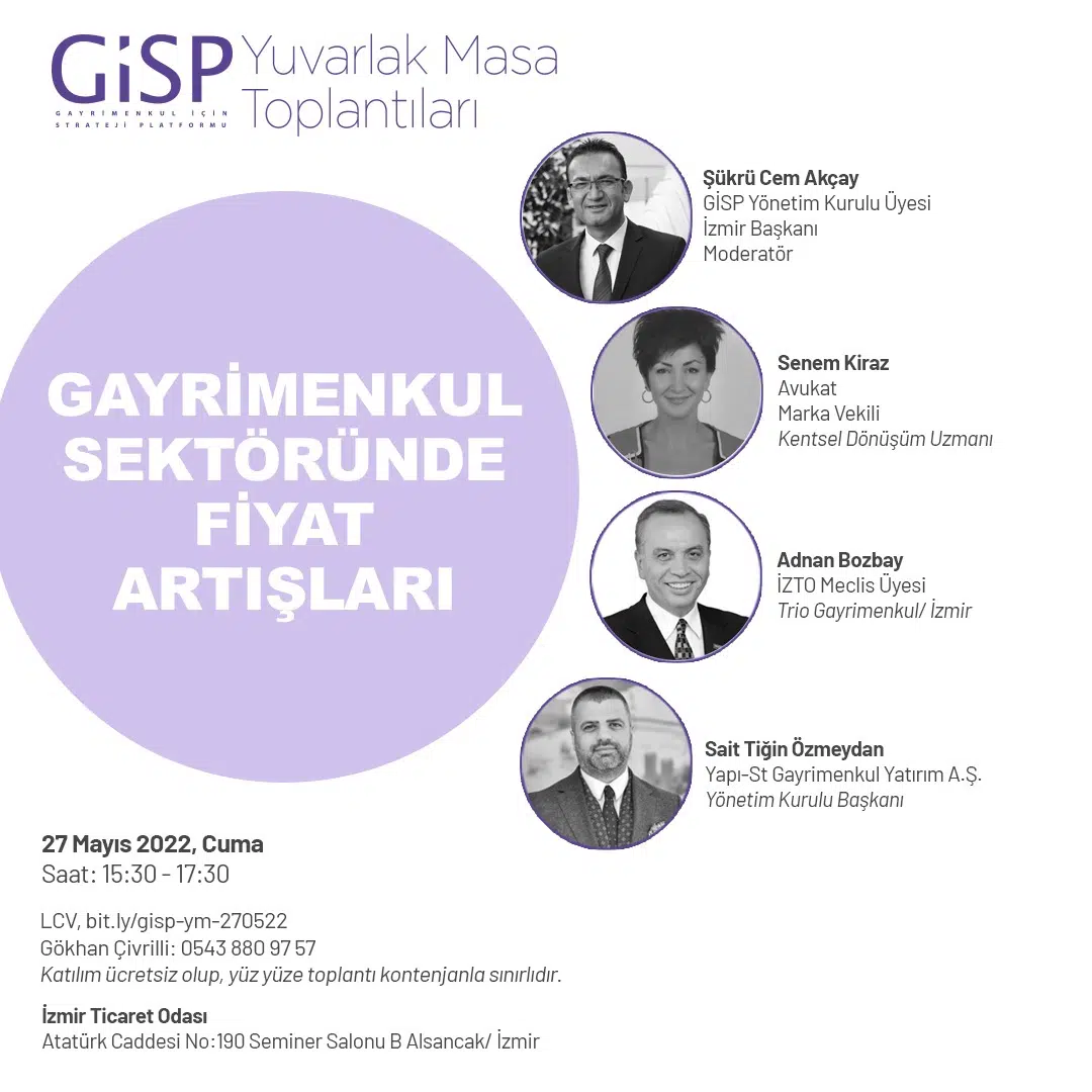 Derneğimiz Yönetim Kurulu Üyesi ve İzmir Şube Başkanı Şükrü Cem Akçay tarafından düzenlenen ''Gayrimenkul Sektöründe Fiyat Artışları'' konulu Yuvarlak Masa Toplantısı, 27 Mayıs 2022 Cuma günü gerçekleştirilmiştir.